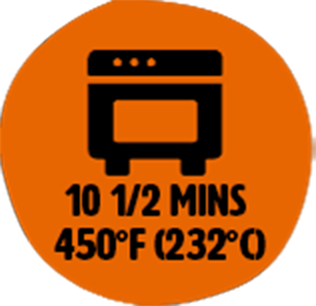 Black oven icon with text reading 10 1/2 minutes at 450°F (232°C) on orange circle background.