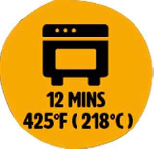 Black oven icon on orange circle with text '12 MINS 425°F (218°C)' indicating cooking time and temperature.